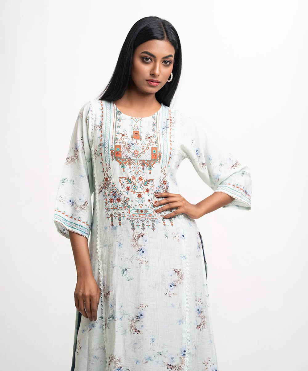 Green Cotton-blend Patterned Kameez